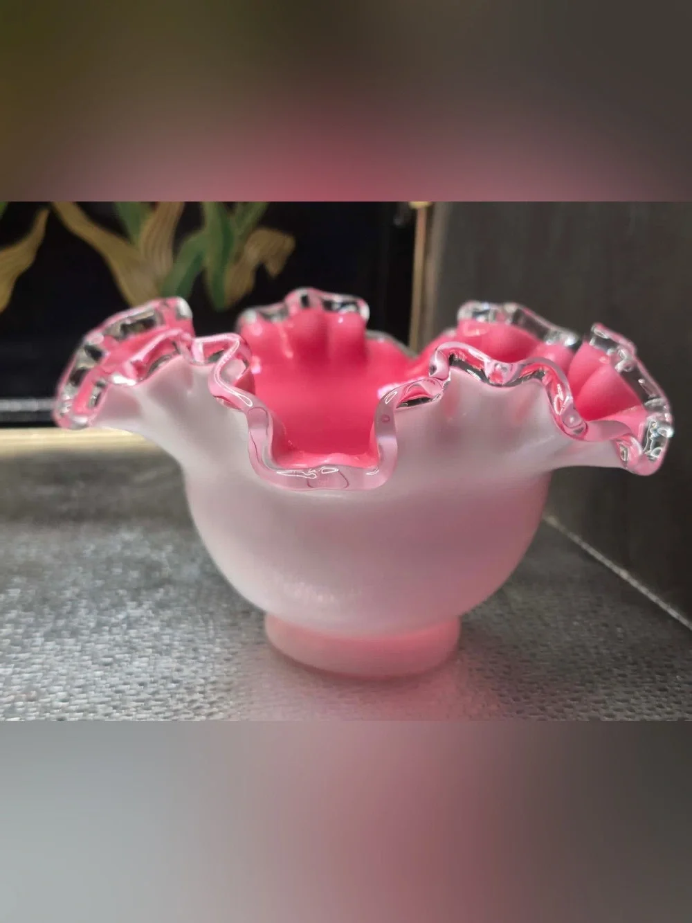 Fenton Peach Crest Rose Bowl - Vintage MCM Crimped Ruffled Rim Milk Glass Vase
